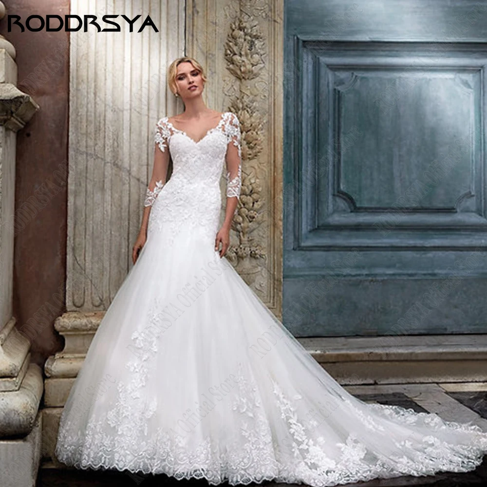 Top Trends: RODDRSYA Exquisite Wedding Dresses For Woman Mermaid 3 / 4 Sleeves Applique Bride Gowns Zipper Back V-Neck Tulle Robe De Mariée Shoppable Styles - Image 6