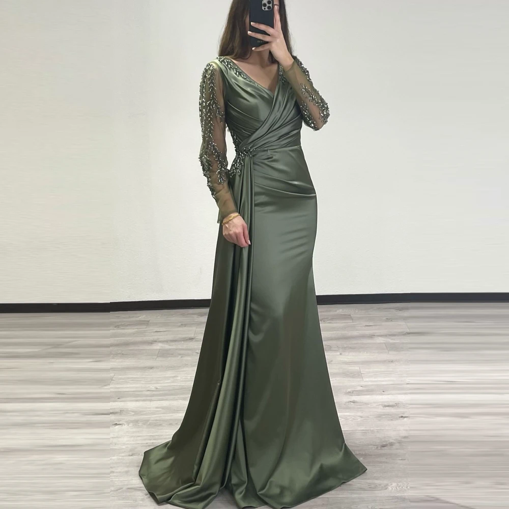 Top Trends: OEING V-Neck Robe De Soirée Custom Made Long Sleeves Mermaid Beading Evening Gown Satin Saudi Arabic Party Dress Prom Dresses Shoppable Styles