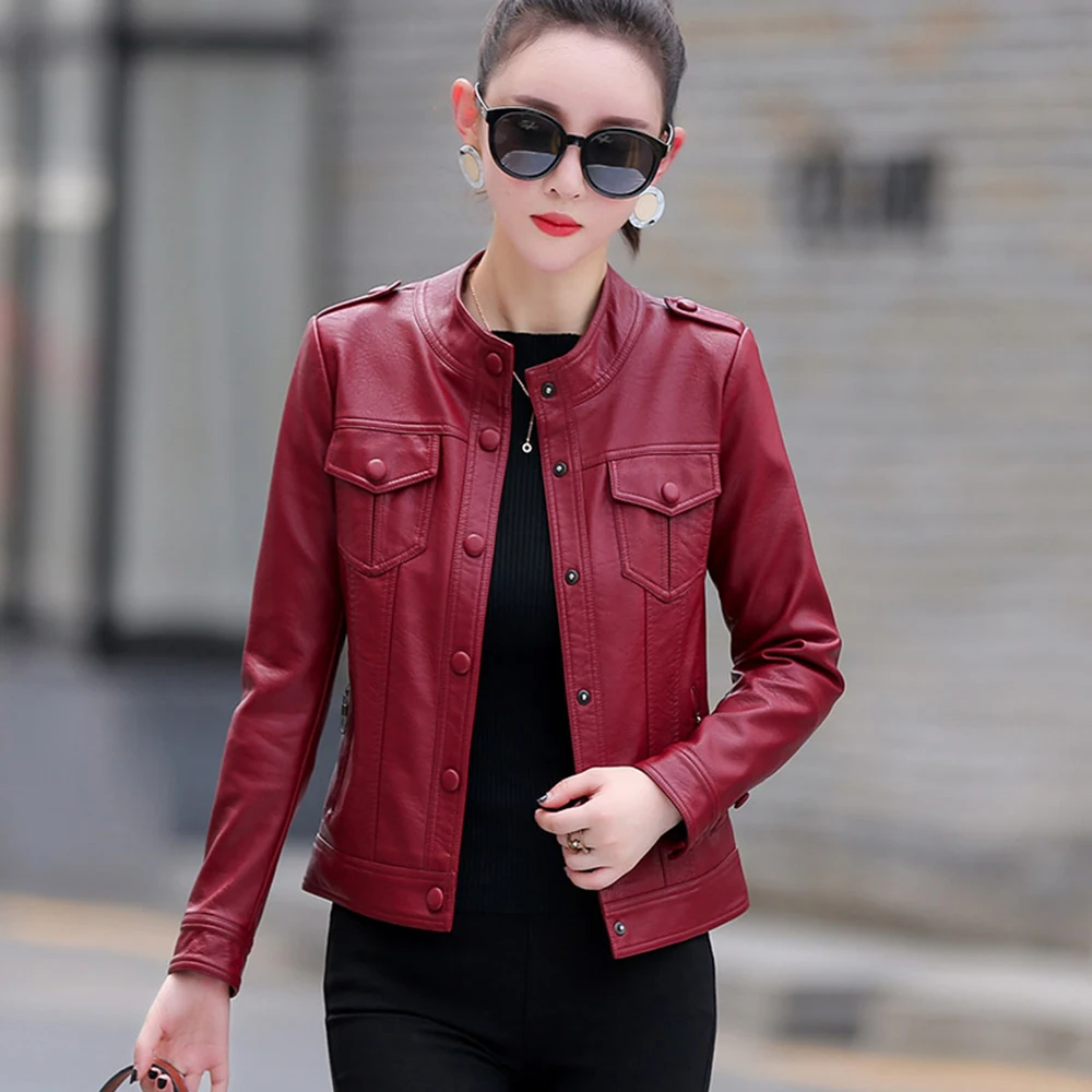 Top Trends: New Women Casual Leather Jacket Spring Autumn Fashion Small Stand Collar Slim Sheepskin Short Coat Biker Jacket Split Leather Shoppable Styles