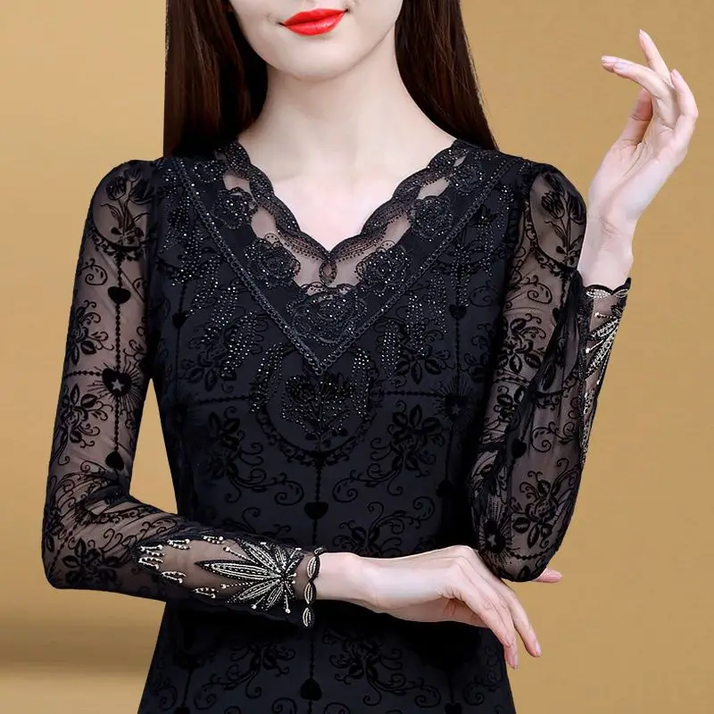 Top Trends: Sexy Lace Gauze Hollow Out Blouse Casual Printed Women&#039;s Clothing Commute Long Sleeve Spring Autumn Elegant V-Neck Slim Shirt Shoppable Styles