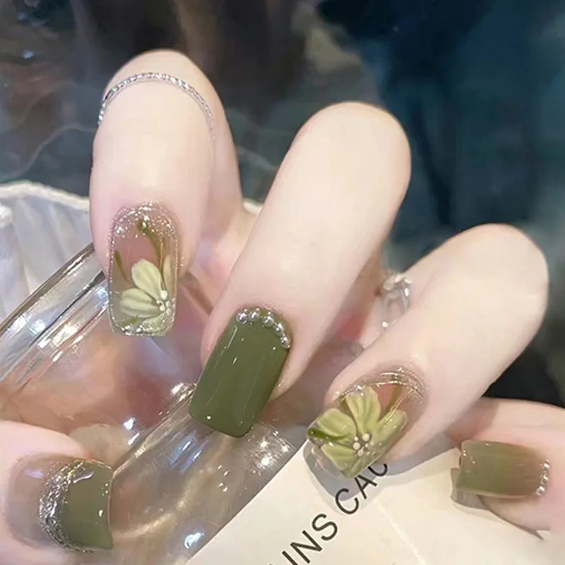 Top Trends: 24Pcs / Set Press On Fake Nails Green Wearing Reusable False Nails Art Girls Ballerina Coffin Nail With Glue Full Cover Artificial Shoppable Styles