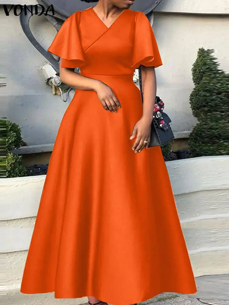 Top Trends: Summer Maxi Long Dress 2023 Women Elegant Wedding Party Sundress VONDA Casual Sexy V-Neck Short Sleeve Satin Solid Color Vestido Shoppable Styles