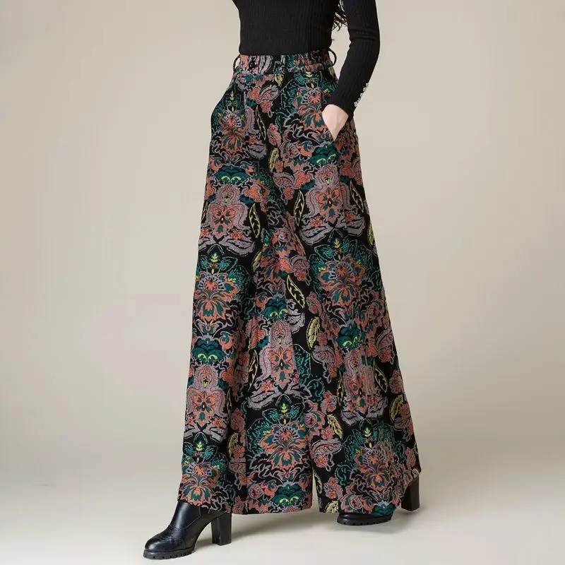 Top Trends: Autumn And Winter Women's Printed Elastic Button Fashion Commute Loose Middle Aged Wide Leg New High Waist Straight Skirt Pants Shoppable Styles