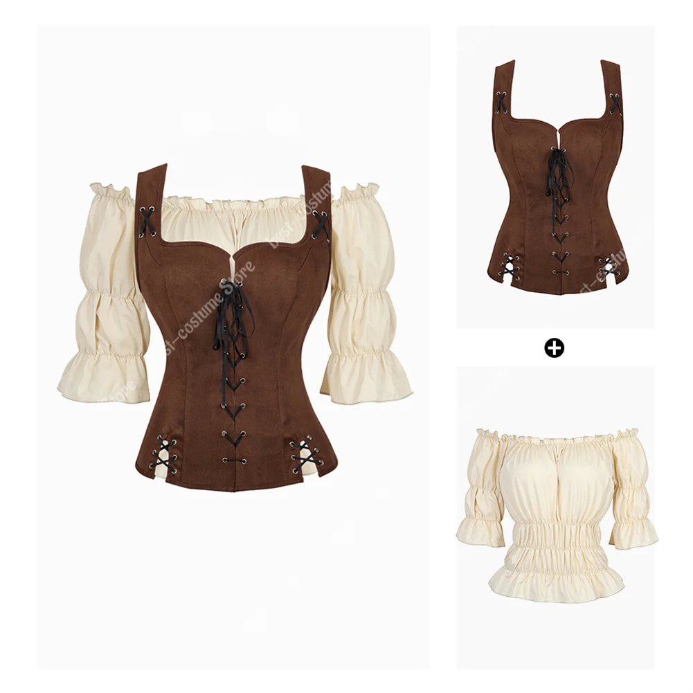 Top Trends: Pirate Costume Women Medieval Vest Cosplay Plus Size Medieval Blouse Tops 2 Pieces Sets Renaissance Vest Brown Black Blue Shoppable Styles - Image 4