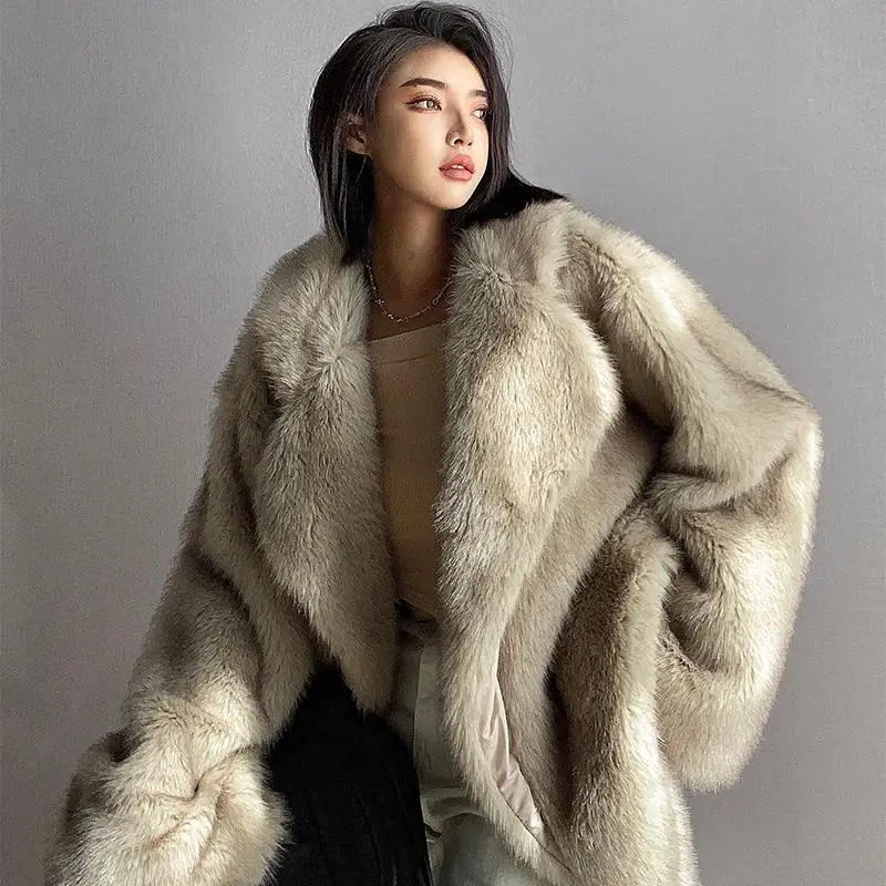 Top Trends: Faux Fox Fur Coat Women 2022 New Winter Warm Cardigan Jacket Lambswool Mid-Length Lapel Loose Plush Coat Oversized Teddy Jacket Shoppable Styles