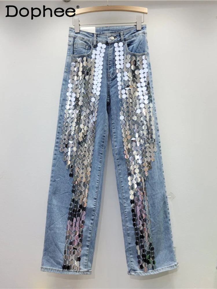 Top Trends: Heavy Embroidery Sequins Decorative Straight Jeans For Women 2023 Spring And Autumn New Street Style High Waist Wide Leg Pants Shoppable Styles