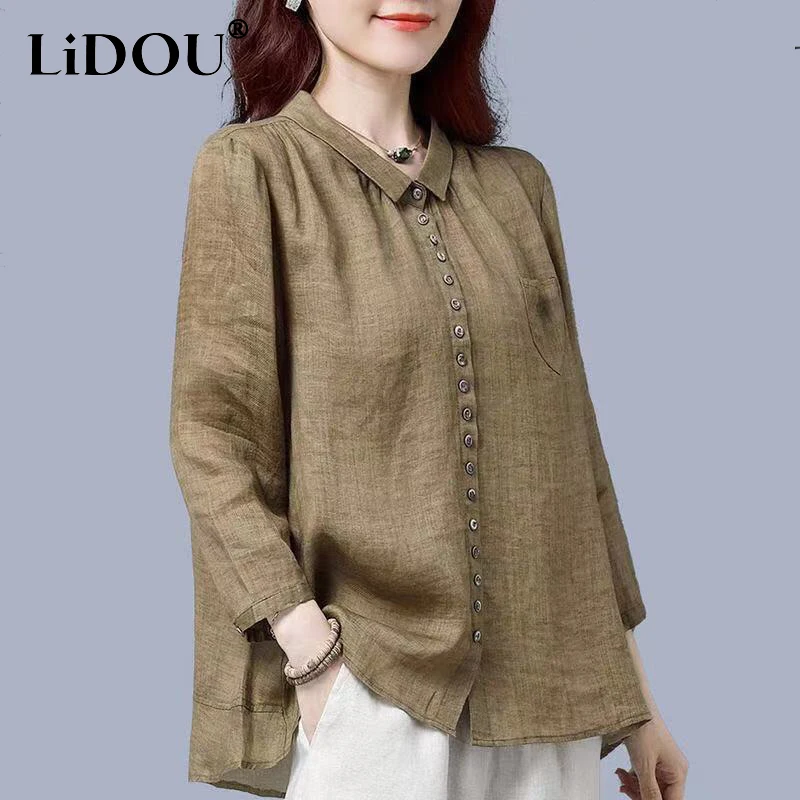 Top Trends: Spring Autumn Vintage Cotton Linen Cardigan Shirt Ladies Elegant Long Sleeve Buttons Top Women Comfortable Loose Casual Blouse Shoppable Styles