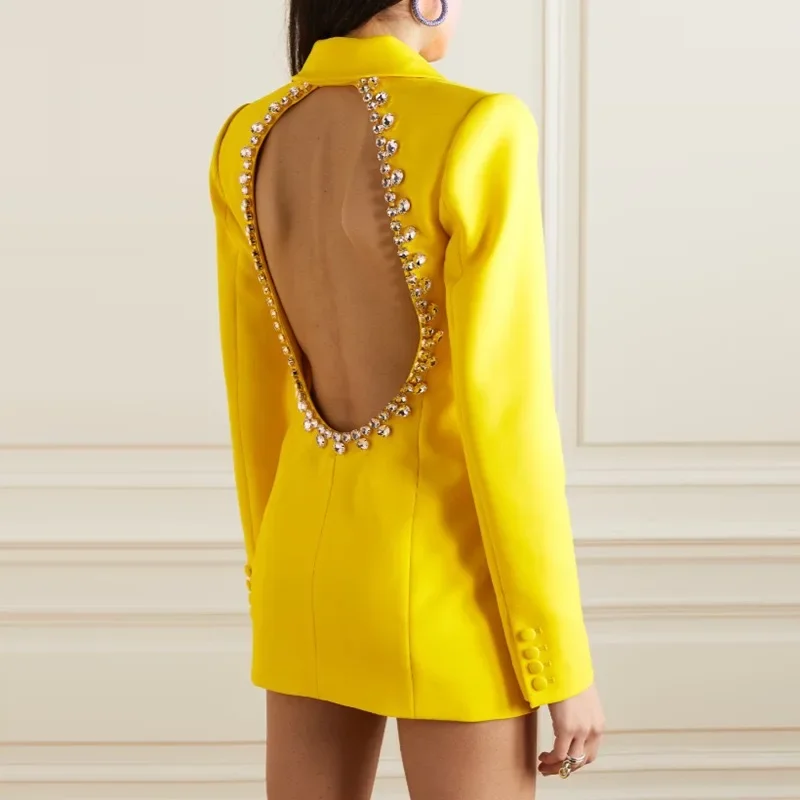 Top Trends: Yellow Ladies Suit Jacket Birthday Party Personality Backless Diamond Rhinestones Beaded With Diamonds In The Long Section. Shoppable Styles