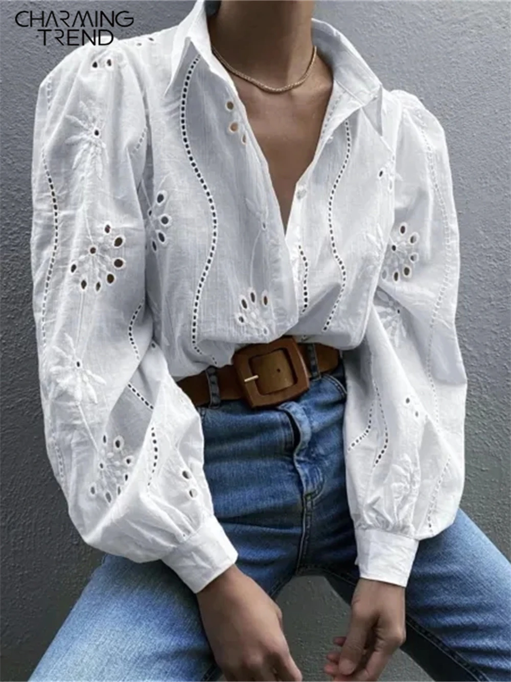 Top Trends: Charmingtrend Blouse Women Long Sleeve Hollow Out Shirt Women Fashion Elegant Embroidery Tops Female Casual Office Lady Blouse Shoppable Styles