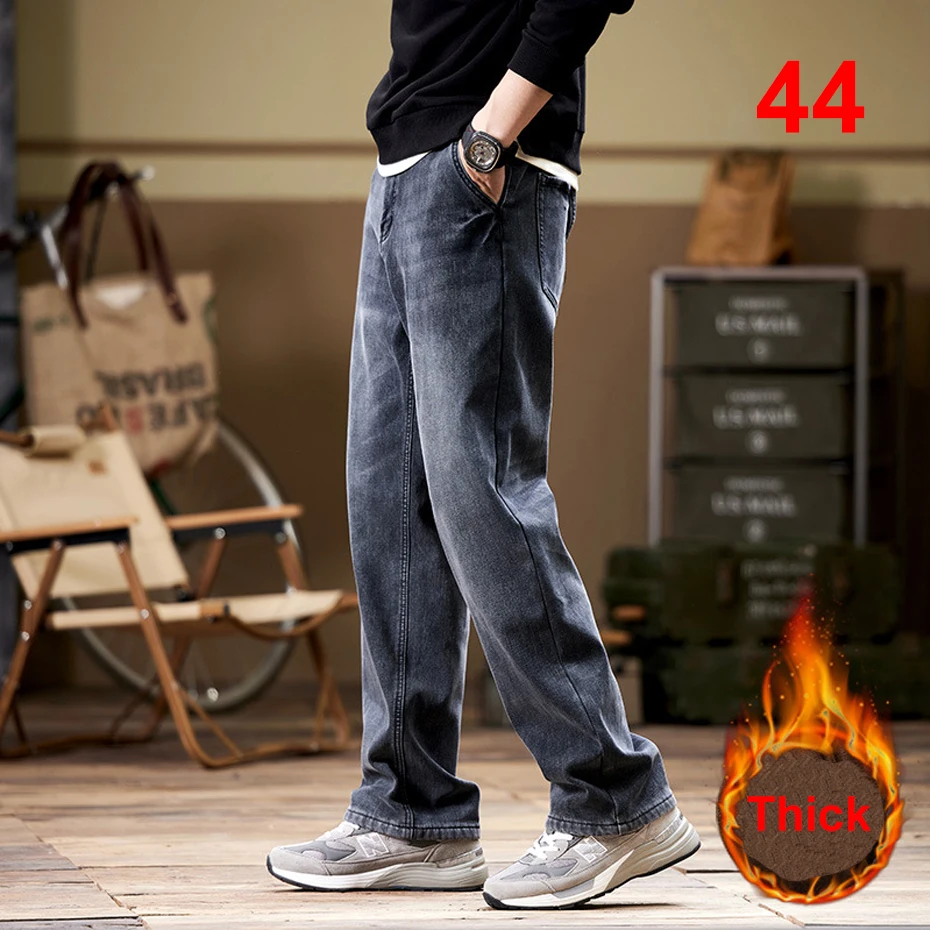 Top Trends: Winter Thick Fleece Denim Pants Men Plus Size Jeans Fashion Casual Solid Color Jeans Male Thick Trousers Big Size Shoppable Styles