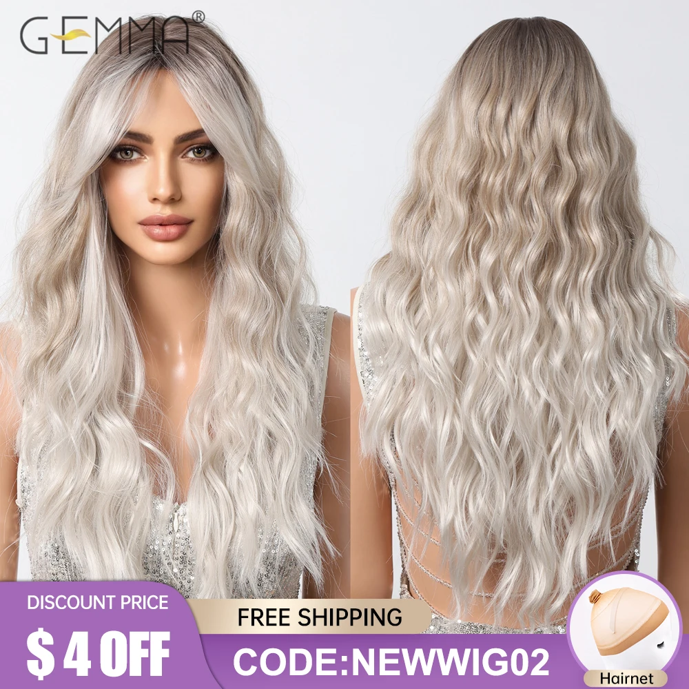 Top Trends: GEMMA Synthetic Long Curly Platinum Blonde Wig With Bangs For Women Ombre Cosplay Party Natural Hair Wigs Heat Resistant Fibre Shoppable Styles