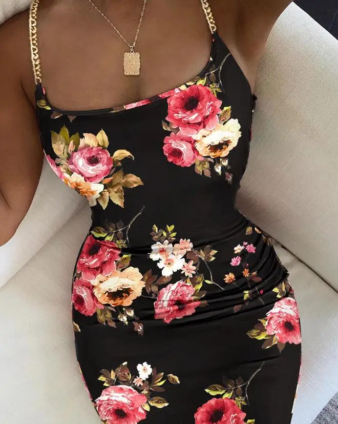 Top Trends: Fashion Chain Decoration Women's Miniskirt 2023 Summer New Flower Print Party Elegant Y2K Tight Cut Strapless Sexy Tight Dress Shoppable Styles