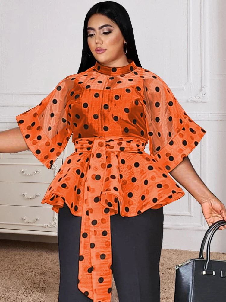 Top Trends: Sexy See Through Tops 3 / 4 Sleeve Black Polka Dot Organze White Orange Women Blouse Evening Party Plus Size Shirt Tops With Belt Shoppable Styles