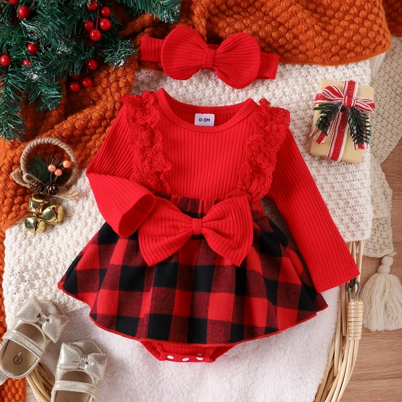 Top Trends: Christmas 0-1Y Infant Baby Girls Romper Dress Plaid Print Patchwork Long Sleeve Round Neck Lace Jumpsuit + Headband Shoppable Styles - Image 3