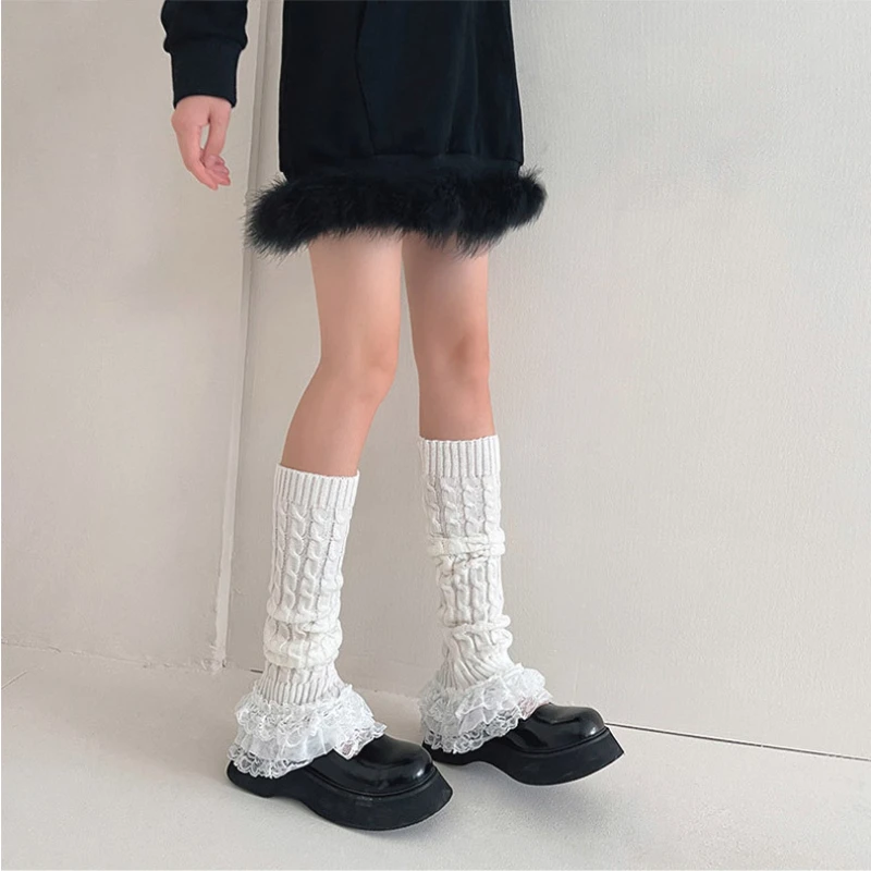 Top Trends: Multi-Layer Lace Leg Warmer Japanese Style Autumn Winter Twist Stripes Knitted Long Socks JK Bunching Socks Boot Cuffs Shoppable Styles - Image 2