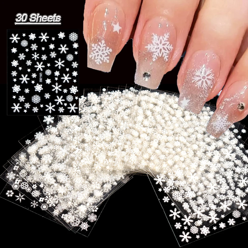 Top Trends: 30 Sheets Christmas Nail Art Stickers Self Adhesive 3D White Snowflake Nail Decals Xmas Nail Supplies Christmas Manicure Sliders Shoppable Styles