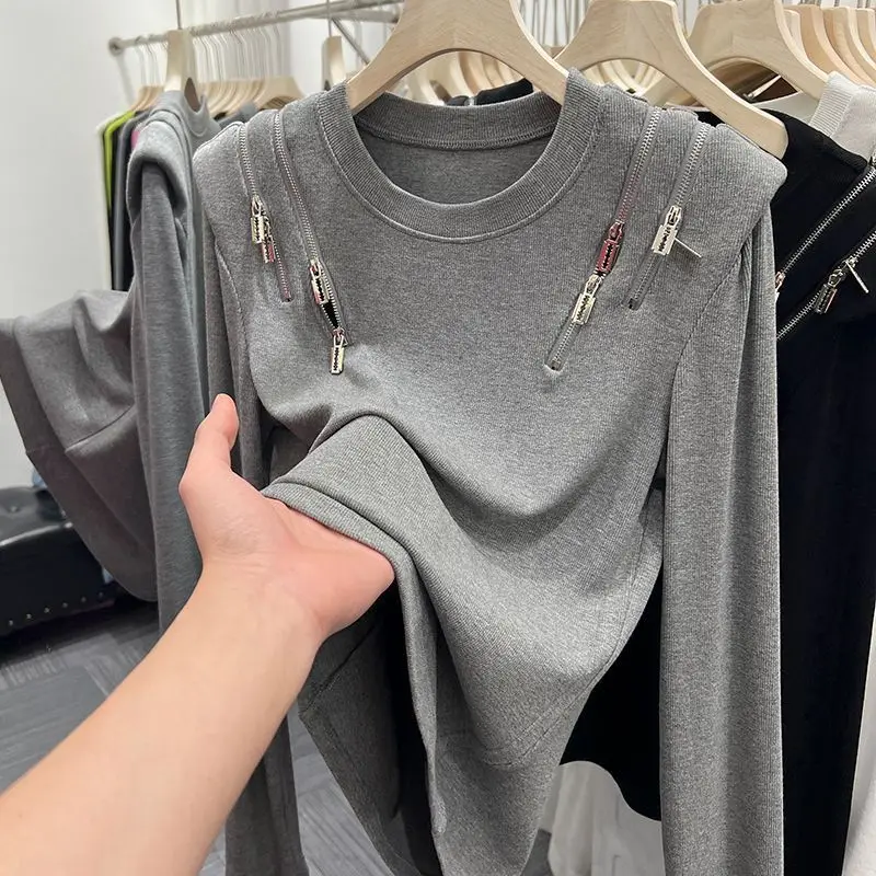 Top Trends: Spring Autumn New Zipper Patchwork Tops Tees Long Sleeve Solid O-Neck All-match Casual T Shirts Trend Fashion Women Clothing Shoppable Styles