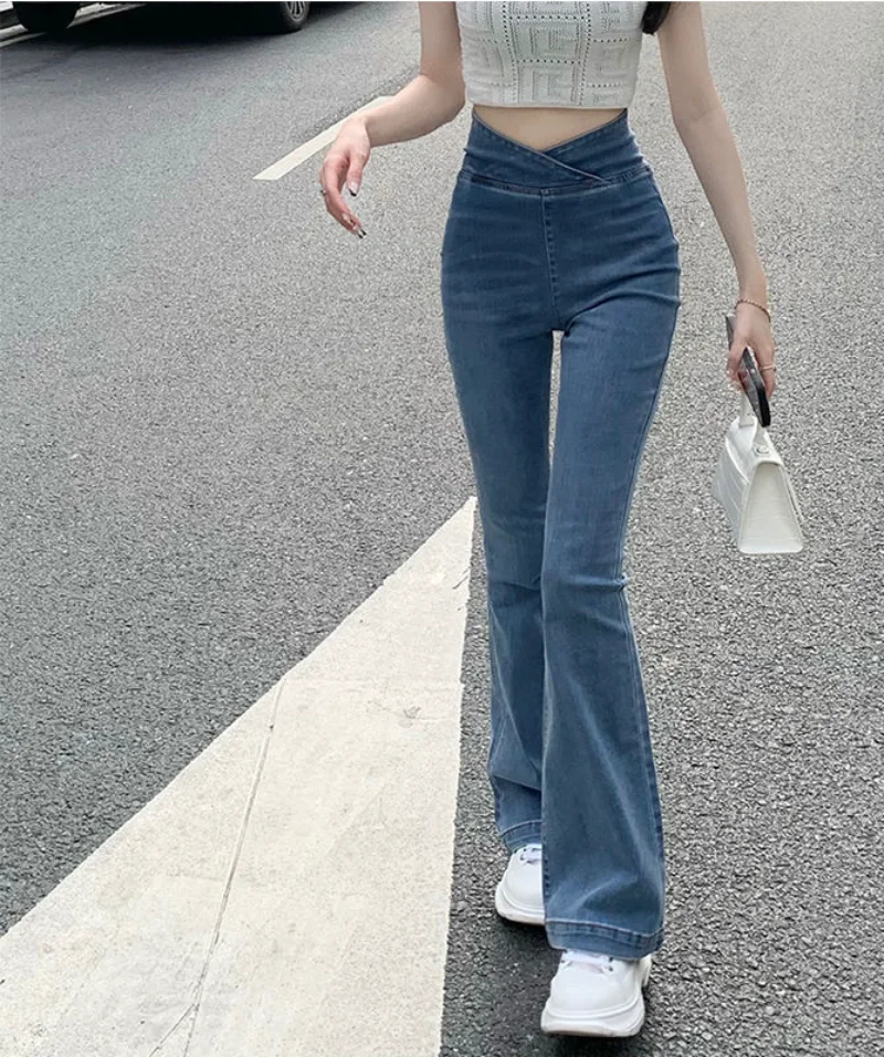 Top Trends: Women's Jeans Bell Bottom Trousers Slim Fit Pants For Women Skinny Flared High Waist Shot Blue Flare Harajuku Fashion Retro Emo Shoppable Styles