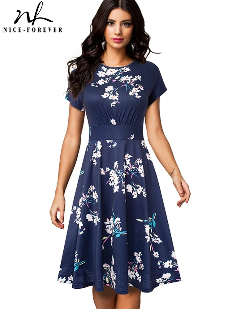 Top Trends: Nice-forever Vintage Elegant Floral Print Pleated Round Neck Vestidos A-Line Pinup Business Party Women Flare Swing Dress A102 Shoppable Styles