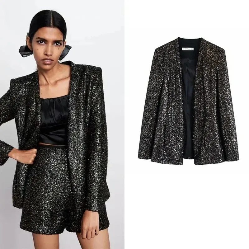 Top Trends: Fashion Sequin Buttonless Blazer Suit 2023 Sexy Women Black Mid Length Casual Office Blazer Temperament Slim Commute Suit Coats Shoppable Styles