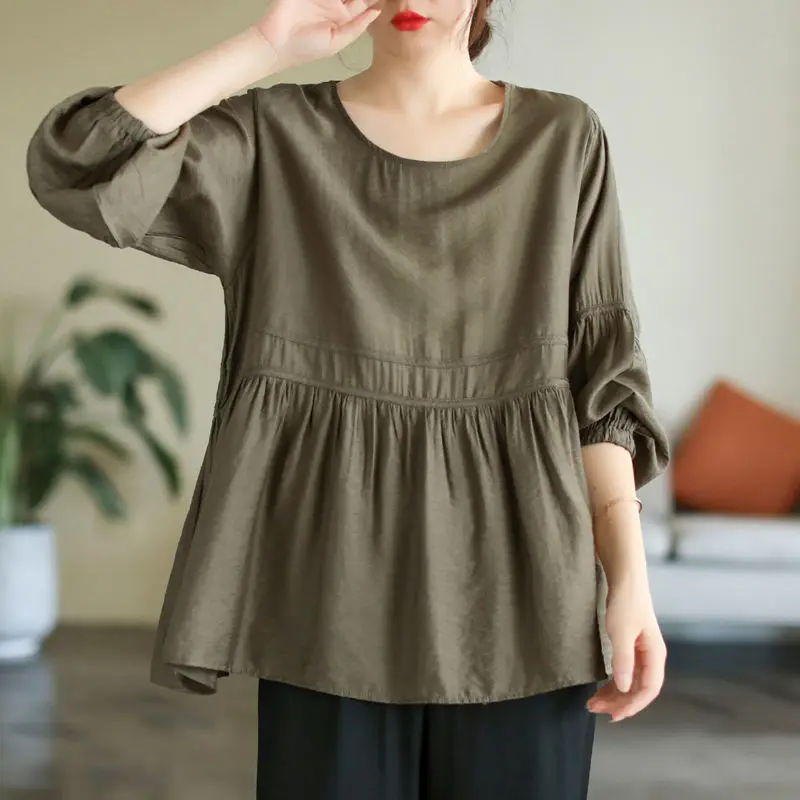 Top Trends: Fashion Solid Color Folds Lantern Sleeve Blouse Women's Clothing 2022 Autumn New Loose Casual Pullovers All-match Korean Shirt Shoppable Styles