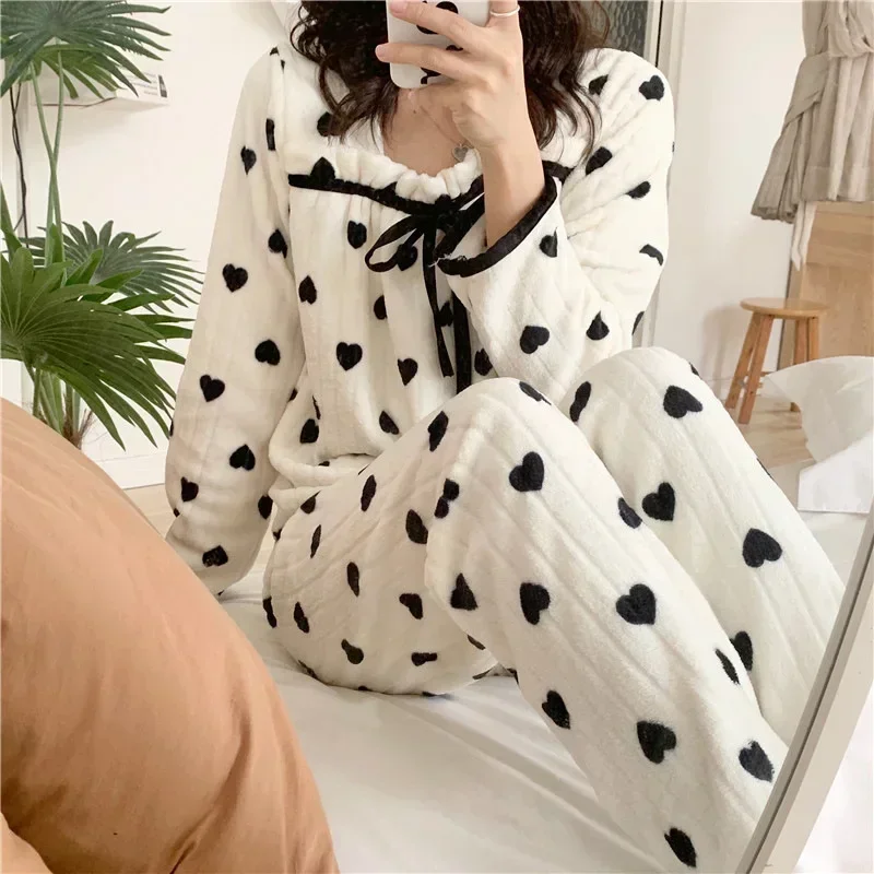 Top Trends: Women's Pajamas Coral Fleece Square Neck Women Pajama Flannel Polka Dot / Bow Loungewear Set Sleepwear Autumn And Warm Winter Shoppable Styles