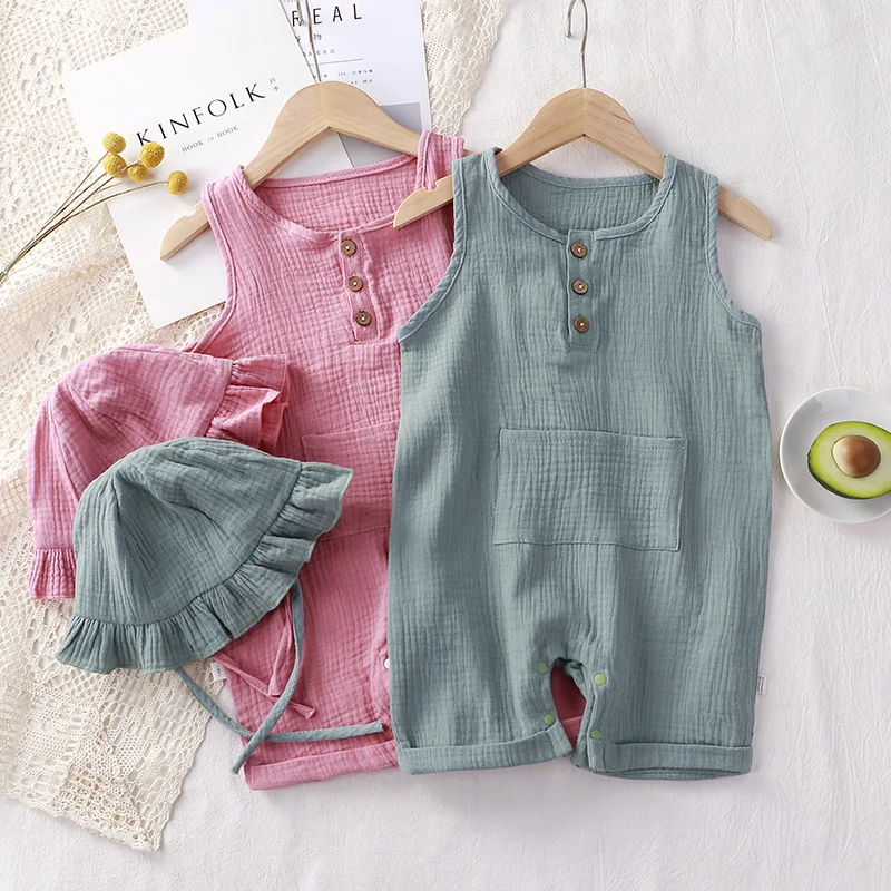 Top Trends: Muslin Summer Baby Jumpsuit With Hat Soft Cotton Baby Girl Boy Clothes Sleeveless Toddler Romper Infant Clothing Newborn Outfit Shoppable Styles