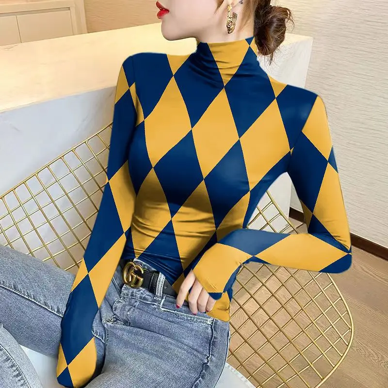 Top Trends: Women&#039;s Half High Collar Pullover Plaid Bottom T-shirt 2023 Autumn And Winter New Fashionable Printing Long Sleeved Slim Tops Shoppable Styles