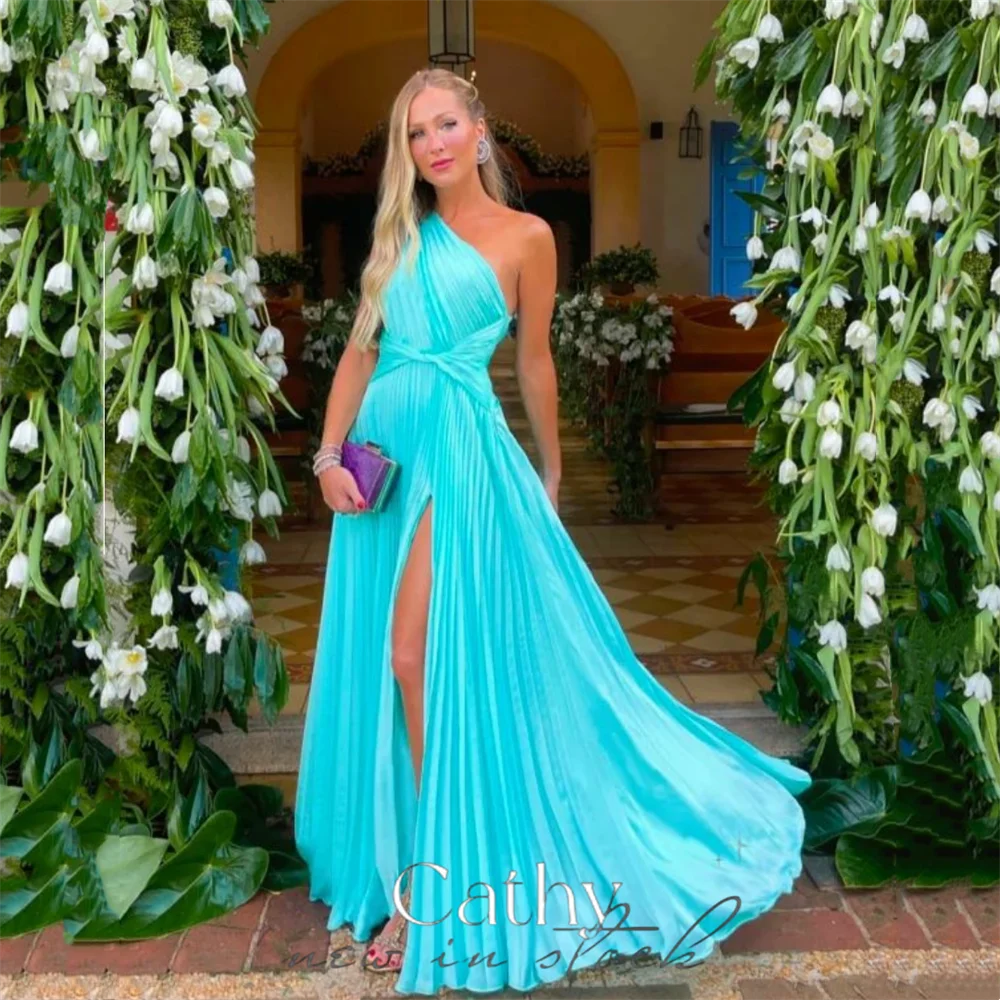 Top Trends: Cathy Light Blue One Shoulder فساتين سهره فاخره 2023 Pleats Chiffon A-line Vestidos De Noche Sexy Side Split Prom Dresses Shoppable Styles