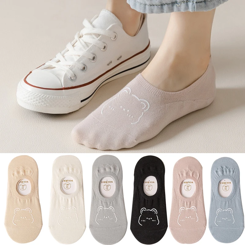 Top Trends: 5 Pairs New Kawai Women Socks Summer Cute Japanese Fashion Cartoon Bear Funny Socks Soft Cotton Short Non-slip Invisible Socks Shoppable Styles