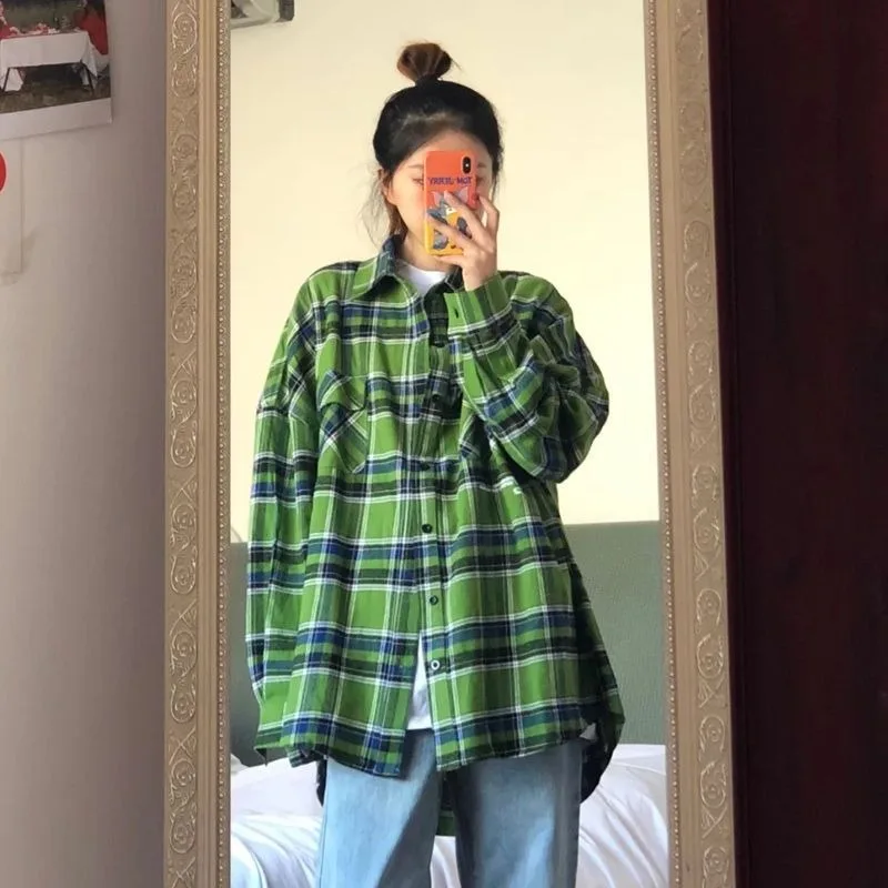 Top Trends: XEJ Green Plaid Shirt Jacket For Women Spring And Autumn 2023 New Loose Fitting Style Y 2k Vintage Top Oversized Shirt Top Women Shoppable Styles