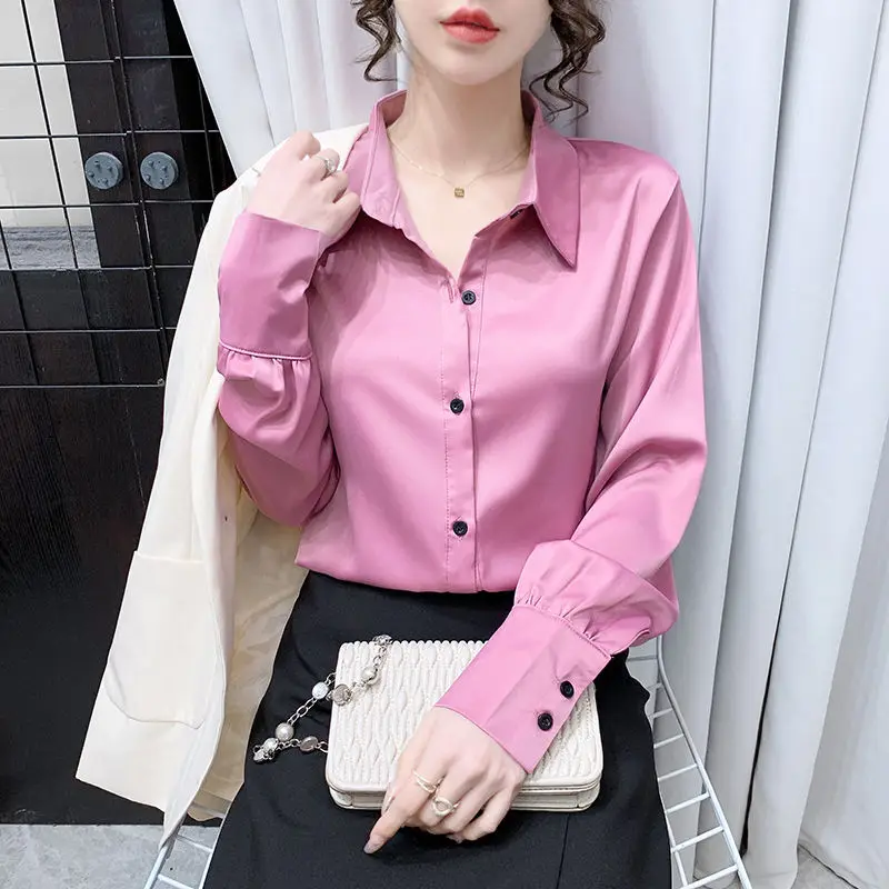 Top Trends: Fashion Lapel Button All-match Folds Solid Color Shirt Female Clothing 2023 Autumn New Oversized Casual Tops Office Lady Blouse Shoppable Styles