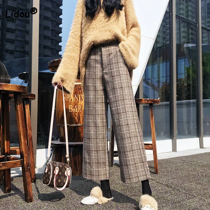 Top Trends: Loose Straight Plaid Wide Leg Pants Female Autumn Winter Fashion Preppy Style Pockets Casual High Waist Trousers Women Clothing Shoppable Styles