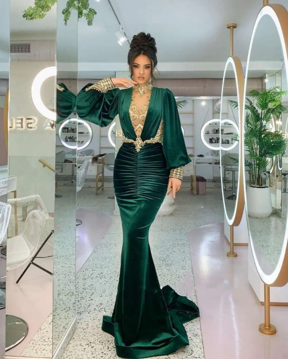 Top Trends: Velvet Evening Dress Emerald Green Long Puffy Sleeves Mermaid Arabic Prrom Gown Gold Beads Custom Made Party Dress Shoppable Styles