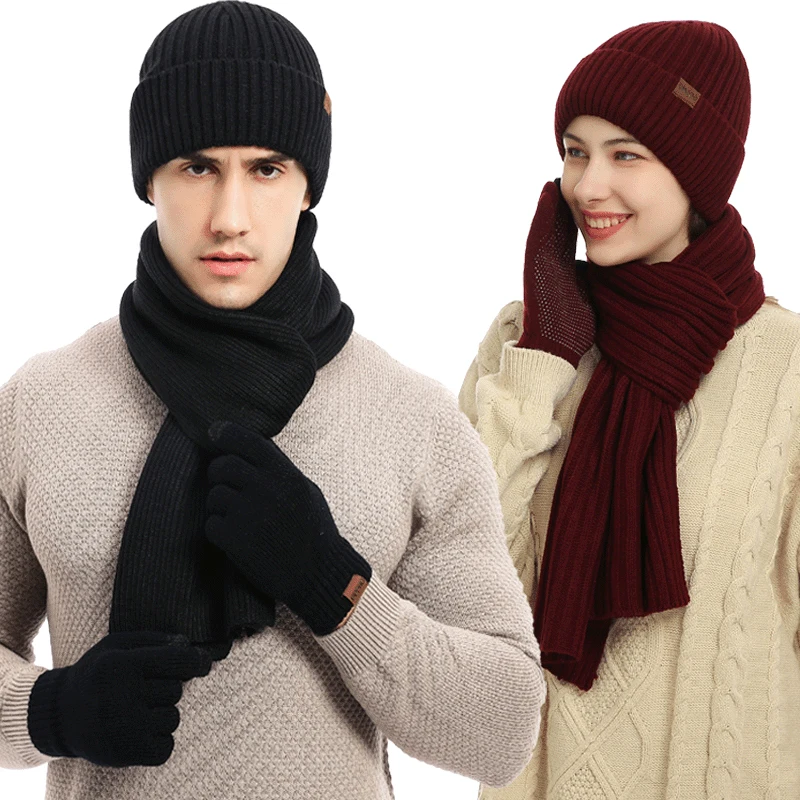 Top Trends: Men's Winter Keep Warm Set Fleece Lining Beanie Telefingers Gloves Thicken Scarf Knit Muffler Unisex Hat Solid Color Neckerchief Shoppable Styles