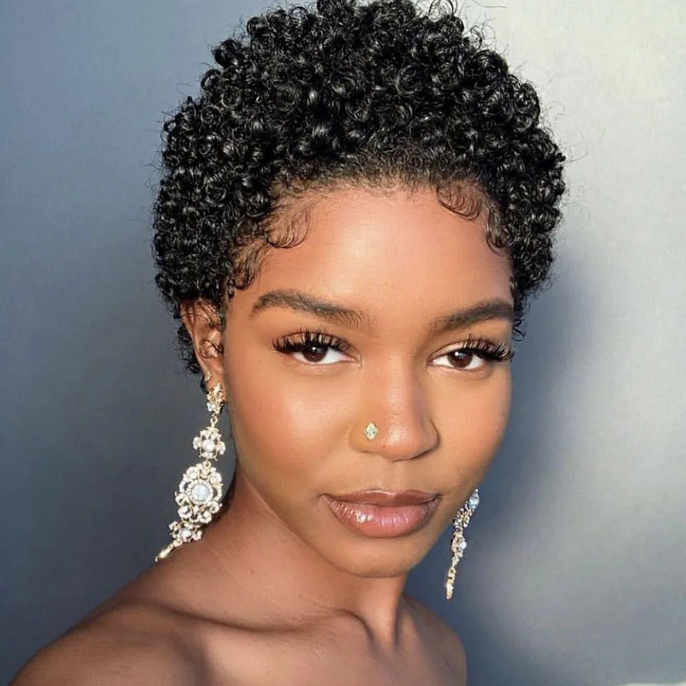 Top Trends: Short Pixie Cut Wig Brazilian Kinky Curly Human Hair Wig Full Machine Wigs Remy Hair For Black Women Curly Human Hair Wigs Shoppable Styles