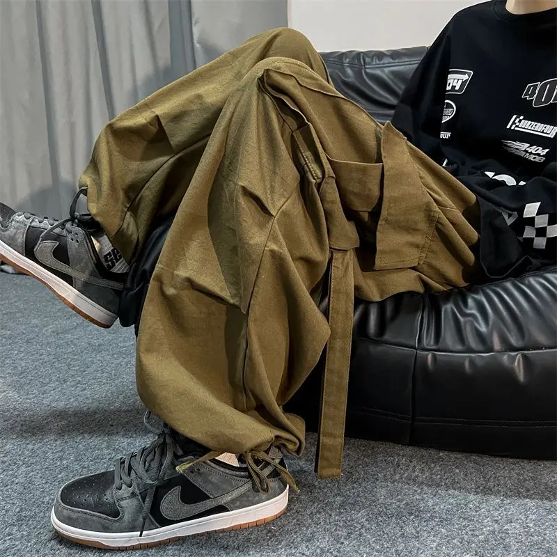 Top Trends: Spring Autumn Solid Color Pockets Fashion Long Pants Men All Match Cargo Pants Casual Loose Trousers Pure Cotton Male Clothes Shoppable Styles