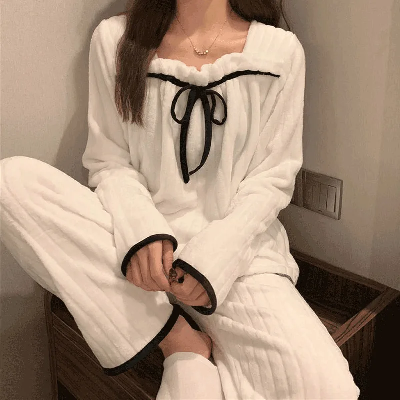 Top Trends: Square Collar Women Pajamas Set Winter Sleepwear Fleece Velvet 2 Piece Pant Home Suit Fluffy Korean Solid Piiama Warm Night Wear Shoppable Styles