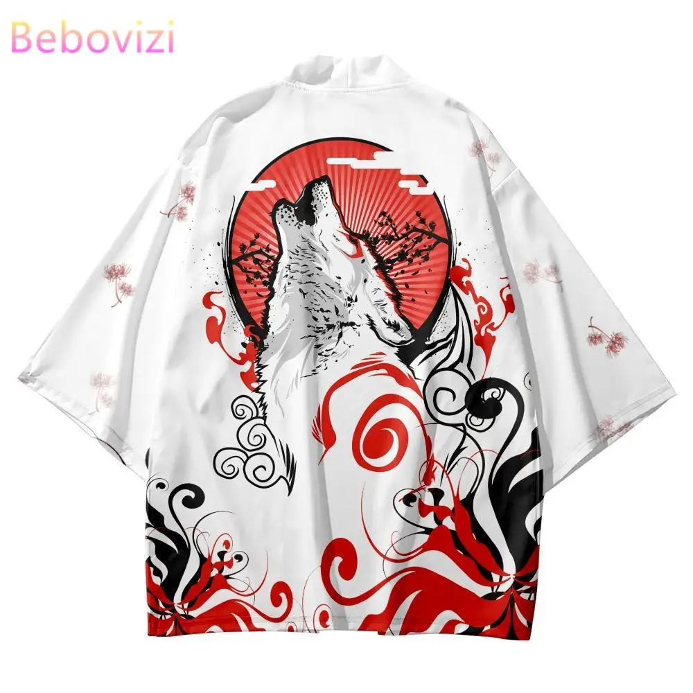 Top Trends: Japanese Fashion Wolf Print Samurai Kimono Summer Casual Beach Cardigan White Yukata Women Men Cosplay Haori Top Asian Clothing Shoppable Styles