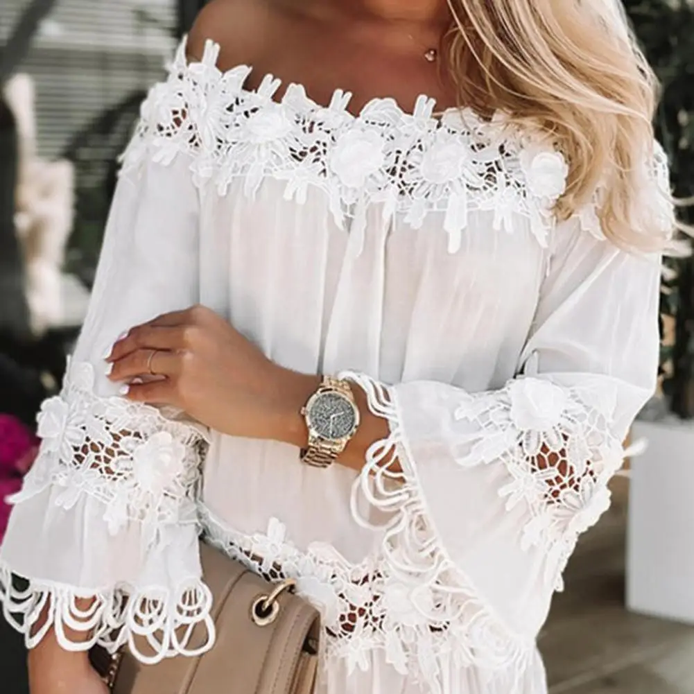 Top Trends: Hollow Out Flower Applique Star Summer Dress 2023 Lace Off Shoulder Trumpet Sleeve Solid Color Women Midi Dress Shoppable Styles