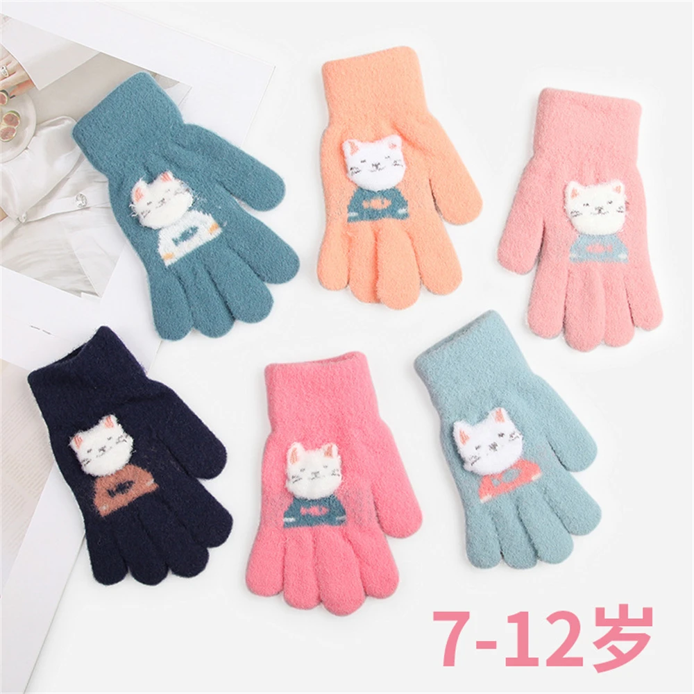 Top Trends: 7-12-year-old Children's New Winter Knitting Wool Warm Cute Cartoon Kitten Sticky Flower Finger Cold Gloves ST-6045 Shoppable Styles