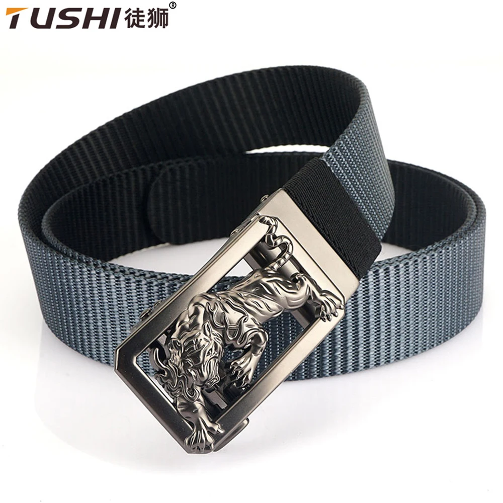 Top Trends: TUSHI Man Double-sided Nylon Belt Tiger Rotate Metal Automatic Buckle Canvas Belts For Men Jeans Waistband Bicolor Male Strap Shoppable Styles