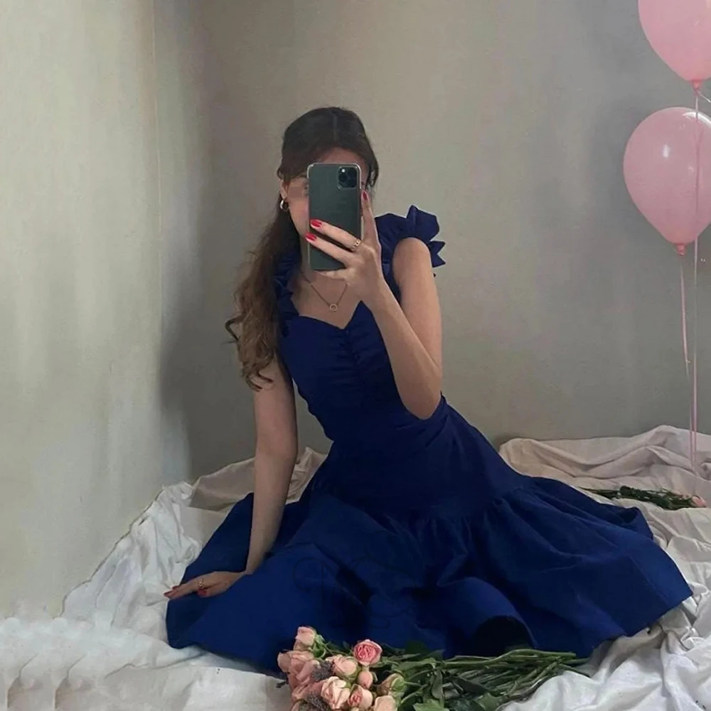 Top Trends: Fashion Blue Evening Dresses For Women Square Collar Sleeveless Prom Gowns Jersey A-Line Tea-Length فساتين سهره فاخرة طويلة Shoppable Styles