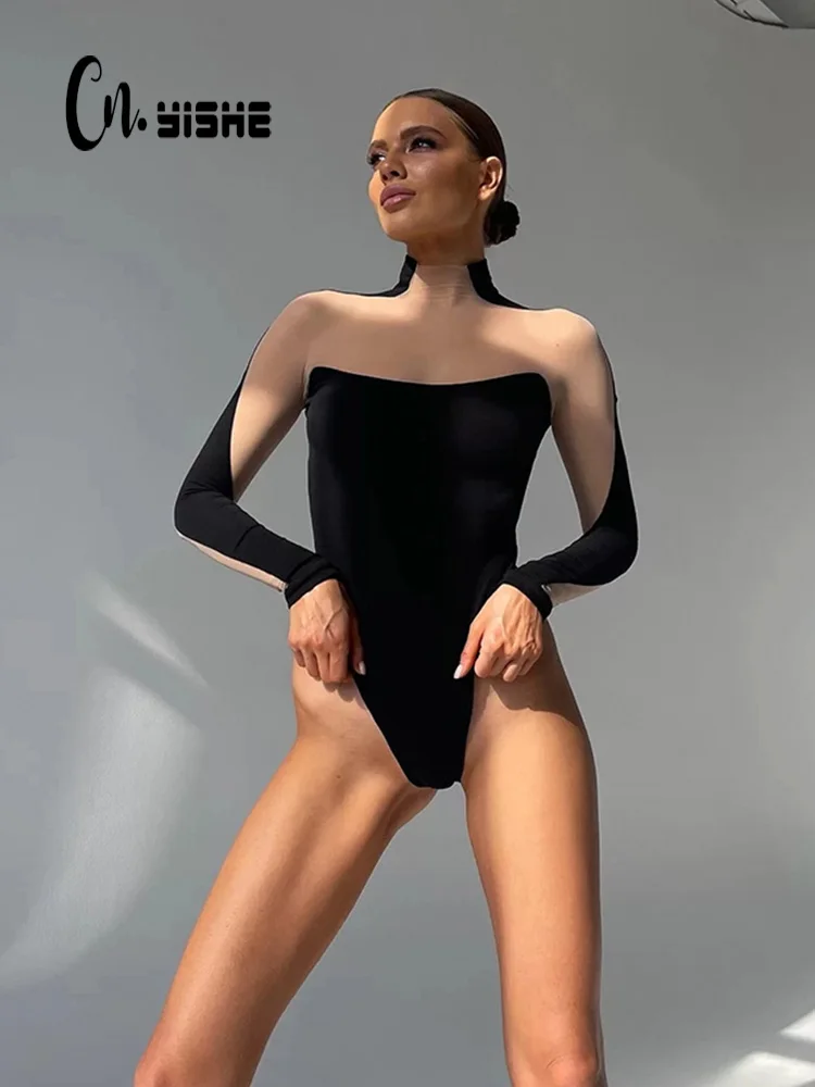 Top Trends: CNYISHE Sexy See Through Mesh Bodysuits Fashion Rompers Woman Jumpsuits Regular O-Neck Long Sleeve Patchwork Slim Skinny Rompers Shoppable Styles