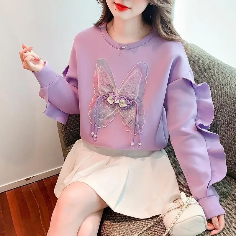 Top Trends: 2023 New Spring And Autumn Fashion Butterfly 3D Decoration Age Reducing Loose Casual Wood Ear Edge Panel Versatile Sweater Shoppable Styles - Image 4