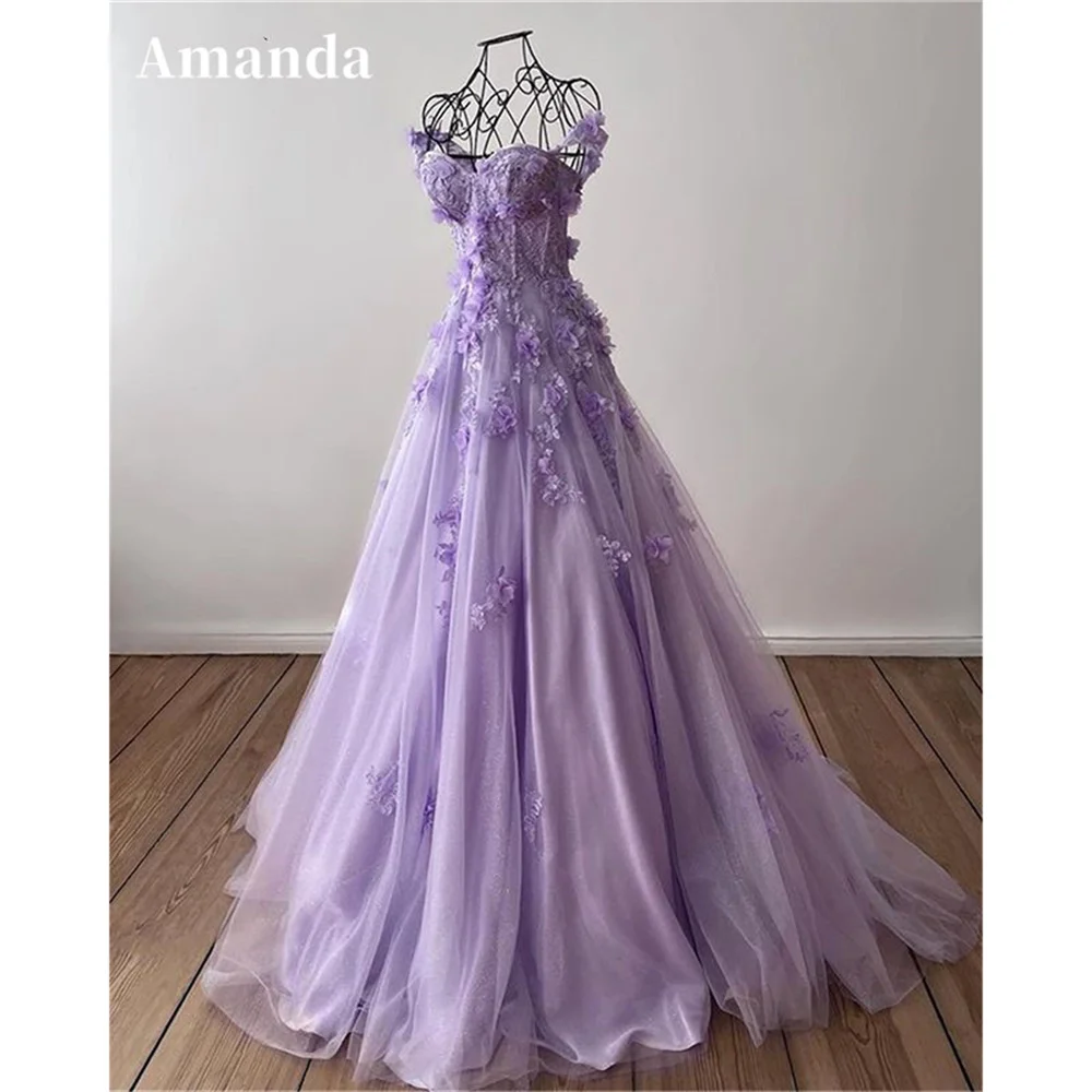 Top Trends: Amanda Princess 3D Flower فساتين مناسبة رسمية Sweet A-line Tulle Evening Dress Purple Prom Dress Handmade Robe De Soirée Shoppable Styles