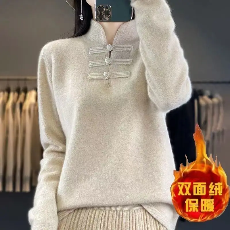 Top Trends: Women's Autumn Winter Fashion Elegant Half High Collar Pullover Long Sleeved Versatile Chinese Style Lady Tops Y2K Chic T-shirts Shoppable Styles - Image 2