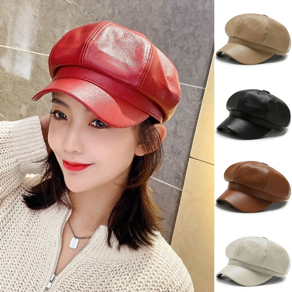 Top Trends: Fashion Solid Color Beret Women Vintage PU Leather Octagonal Caps Winter Lady Elegant Berets Hat Newsboy Caps Female Berets Shoppable Styles