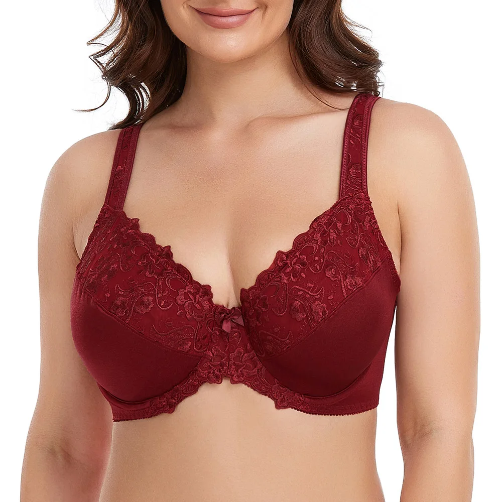 Top Trends: New Wine Red Lace Embroidery Plus Size Bras For Women Sexy Underwired Thin Bra Big Cup Full Cup Women Bra C D E F G H I J Cup Shoppable Styles