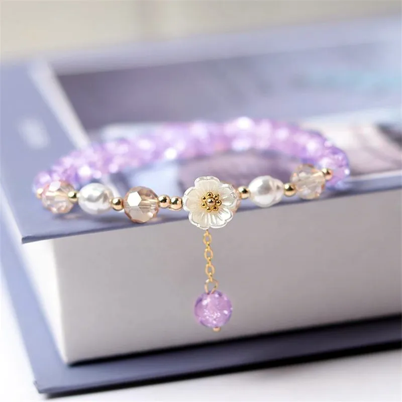 Top Trends: Fashion Korean White Flower Purple Beaded Bracelet For Women Charm Crystal Beads Elastic Adjustable Bracelet Friendship Jewelry Shoppable Styles